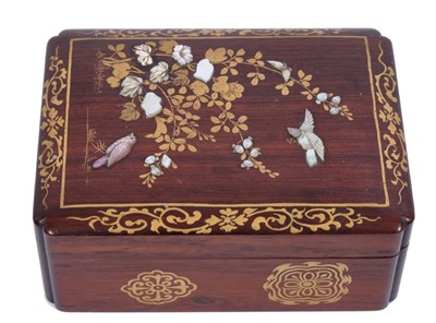 Lot 855 - Late 19th / early 20th century Japanese shibayama hardwood box, guilloché inlaid with mother of pearl