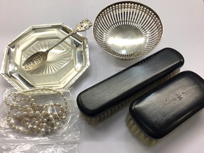 Lot 664 - Silver butter dish, pierced Bon Bon dish, whisky tot and silver spoon 'The Armada is in sight' by Page of Plymouth, hallmarked Sheffield 1915