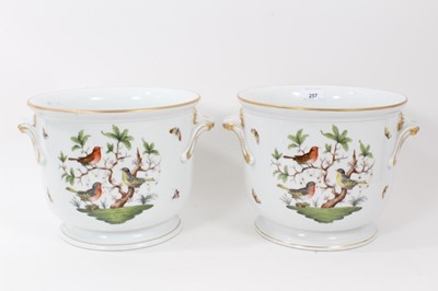 Lot 257 - Pair of Herend porcelain cache pots, decorated with birds and insects, 20.5cm high