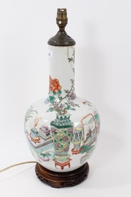 Lot 266 - 19th century Chinese porcelain bottle vase, converted to a lamp, polychrome decorated with precious objects and flowers, height excluding top mount 40cm