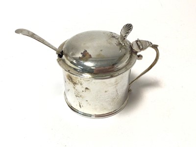 Lot 226 - Edwardian silver drum mustard with scroll handle and hinged domed cover