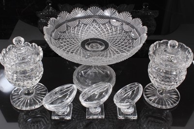 Lot 268 - Three Waterford crystal salts, together with a pair of cut glass sweetmeats and a centrepiece