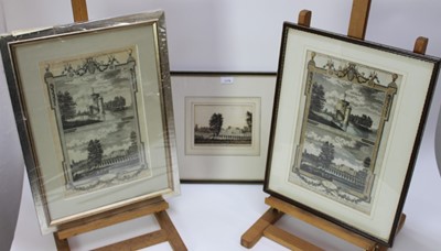 Lot 1178 - Early 19th century, English School, pen, ink and wash - Shugborough Hall, 13.5cm x 18cm, in glazed frame, together with two related engravings (3)