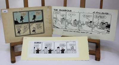 Lot 1067 - Reginald Smythe (1917-1998) two original cartoons, both signed, the first dated 31-5-75, 26 x 38cm, another dated 15 Dec 98, together with an original Barry Appleby cartoon for The Gambols. (3)