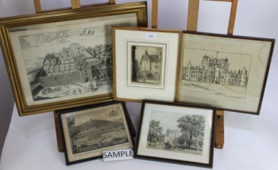 Lot 570 - Group of 18th and 19th century engravings to include views of Glamis and Shugborough Hall, Classical scenes, Percy Lancaster signed etching and others, framed and glazed (16)