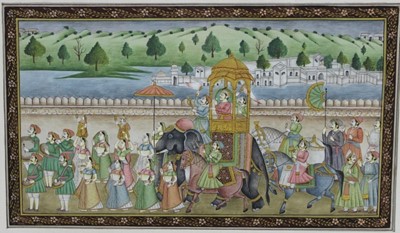 Lot 112 - Good quality Indo-Persian gouache processional scene, 18.5cm x 31cm, together with another painting on pith depicting birds on branchs, 16.5cm x 24cm, both in glazed gilt frames (2)