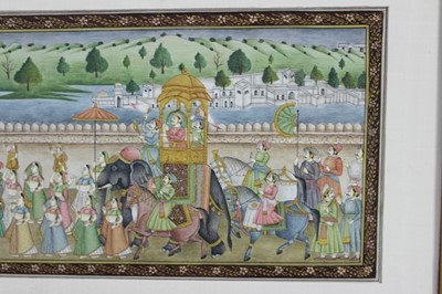 Lot 112 - Good quality Indo-Persian gouache processional scene, 18.5cm x 31cm, together with another painting on pith depicting birds on branchs, 16.5cm x 24cm, both in glazed gilt frames (2)