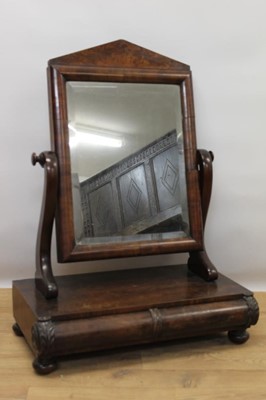 Lot 1427 - 19th century Continental mahogany swing frame toilet mirror, with original rectangular bevelled plate and two drawers to the platform base on turned feet, 60cm wide