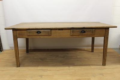 Lot 1440 - Large French hardwood farmhouse table, plank top over two frieze drawers to one side on square tapered legs, 193cm wide x 91cm deep x 76cm high