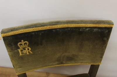 Lot 76 - The Coronation of H.M. Queen Elizabeth II 1953, pair Coronation chairs with blue velvet upholstery and gold bullion embroidered Crowned ER II ciphers to backs, limed oak frames with official stamps...