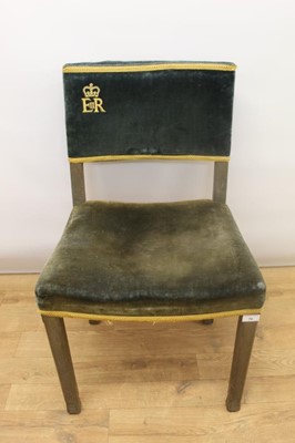 Lot 76 - The Coronation of H.M. Queen Elizabeth II 1953, pair Coronation chairs with blue velvet upholstery and gold bullion embroidered Crowned ER II ciphers to backs, limed oak frames with official stamps...