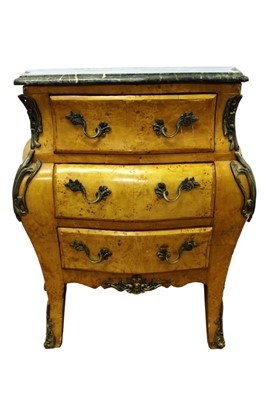 Lot 1441 - 18th century style Continental marble topped burr maple bombe commode, with three drawers on splayed supports, 66cm wide x 40cm deep x 72cm high