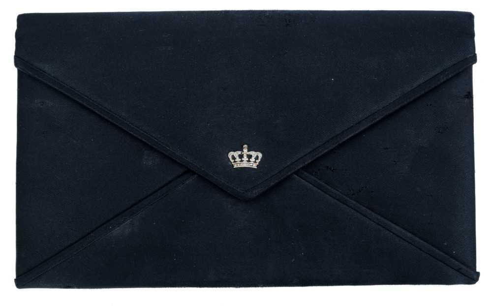 Lot 75 - H.H. Princess Anne of Denmark (formerly Anne Bowes-Lyon, Viscountess Anson ), fine 1950s ladies satin evening bag with white gold Danish crown set with rose-cut diamonds to flap 2 cm wide, 14cm high
