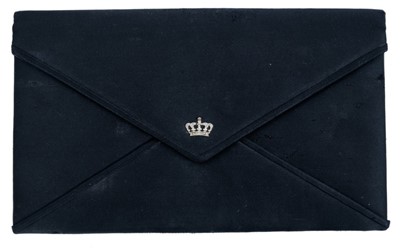 Lot 75 - H.H. Princess Anne of Denmark (formerly Anne Bowes-Lyon, Viscountess Anson ), fine 1950s ladies satin evening bag with white gold Danish crown set with rose-cut diamonds to flap 2 cm wide, 14cm high