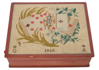 Lot 77 - T.H. Prince Georg and Princess Anne of Denmark (formerly Anne Bowes-Lyon, Lady Anson) wedding commemorative  gaming box with embroidered top decorated with cards , their twin Crowned ciphers and d...
