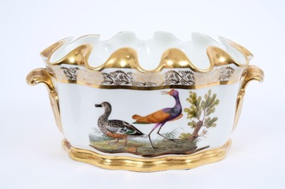 Lot 269 - French porcelain two-handled oval Monteith, early 19th century, with gilt rims, handles and scrolling borders, painted with named waterfowl amongst foliage (5 Le Souchet femelle, 6 Le Chirugien o...