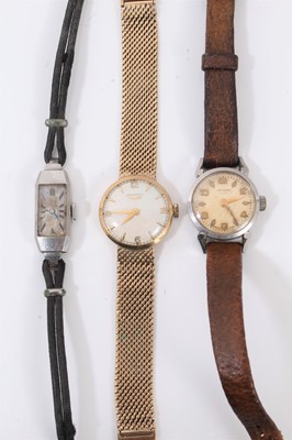 Lot 638 - Ladies Longines gold wristwatch with circular dial on integral gold bracelet, case 21mm, overall length 165mm, together  with two other ladies’ vintage wristwatches