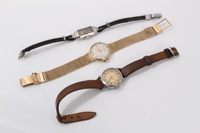 Lot 638 - Ladies Longines gold wristwatch with circular dial on integral gold bracelet, case 21mm, overall length 165mm, together  with two other ladies’ vintage wristwatches