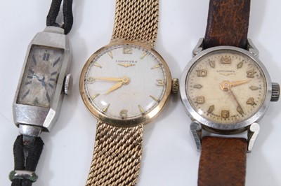 Lot 638 - Ladies Longines gold wristwatch with circular dial on integral gold bracelet, case 21mm, overall length 165mm, together  with two other ladies’ vintage wristwatches