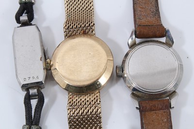 Lot 638 - Ladies Longines gold wristwatch with circular dial on integral gold bracelet, case 21mm, overall length 165mm, together  with two other ladies’ vintage wristwatches
