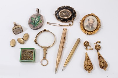 Lot 599 - Group of antique jewellery and bijouterie to include a Victorian silver and enamel 'Lily of the Valley' locket , Early Victorian brooch with reversible portrait miniature, early Victorian black ena...