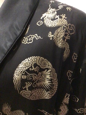 Lot 2154 - Vintage 1960s Solz Squirrel - Hangzhou. Satin silk rayon, Kimono style dressing gown with black and gold dragon pattern and tie belt. Size tag 50, length 320cm