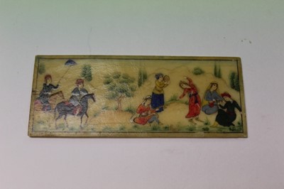 Lot 916 - 19th century Persian miniature painting on ivory, landscape scene with dancer and musicians performing before a dignitary in horse back. 105mm x 43mm