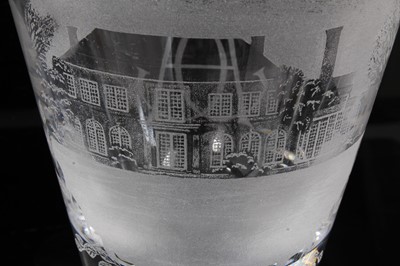 Lot 80 - T.H. Prince Georg and Princess Anne of Denmark - fine glass chalice and cover with finely engraved crowned GA cipher and etchedcountry house scene 30cm high