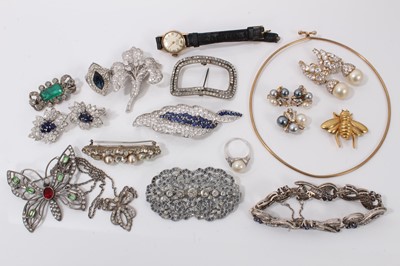 Lot 602 - Group of good quality vintage paste-set jewellery to include floral spray brooch, a pair of floral earrings stamped 9k, Art Deco style paste-set bracelet, pair of 9ct yellow gold paste-set and simu...