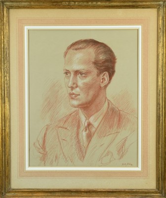 Lot 84 - T.H. Prince Georg and Princess Anne of Denmark- two 1950s red and black chalk portraits of the Royal couple by Molly Bishop, in glazed frames 73 x 62cm and 68 x 57cm (2)