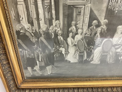 Lot 85 - The Danish Royal Family - print of the 18th century Danish Court in glazed frame with key to the portraits on the reverse - 52 x 65cm overall- Provenance: H.H. Prince Georg of Denmark