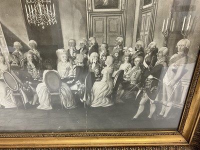 Lot 85 - The Danish Royal Family - print of the 18th century Danish Court in glazed frame with key to the portraits on the reverse - 52 x 65cm overall- Provenance: H.H. Prince Georg of Denmark