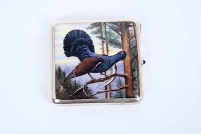 Lot 326 - Continental silver and enamelled bowed cigarette case, depicting a Capercaillie