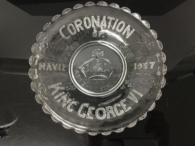 Lot 88 - Collection of 24 pressed glass 1937 and 1953 Coronation commemorative dishes used by Lady Elizabeth Shakerley for dinner parties