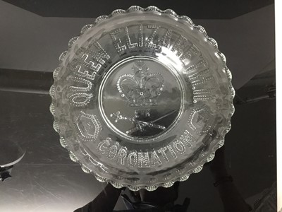 Lot 88 - Collection of 24 pressed glass 1937 and 1953 Coronation commemorative dishes used by Lady Elizabeth Shakerley for dinner parties