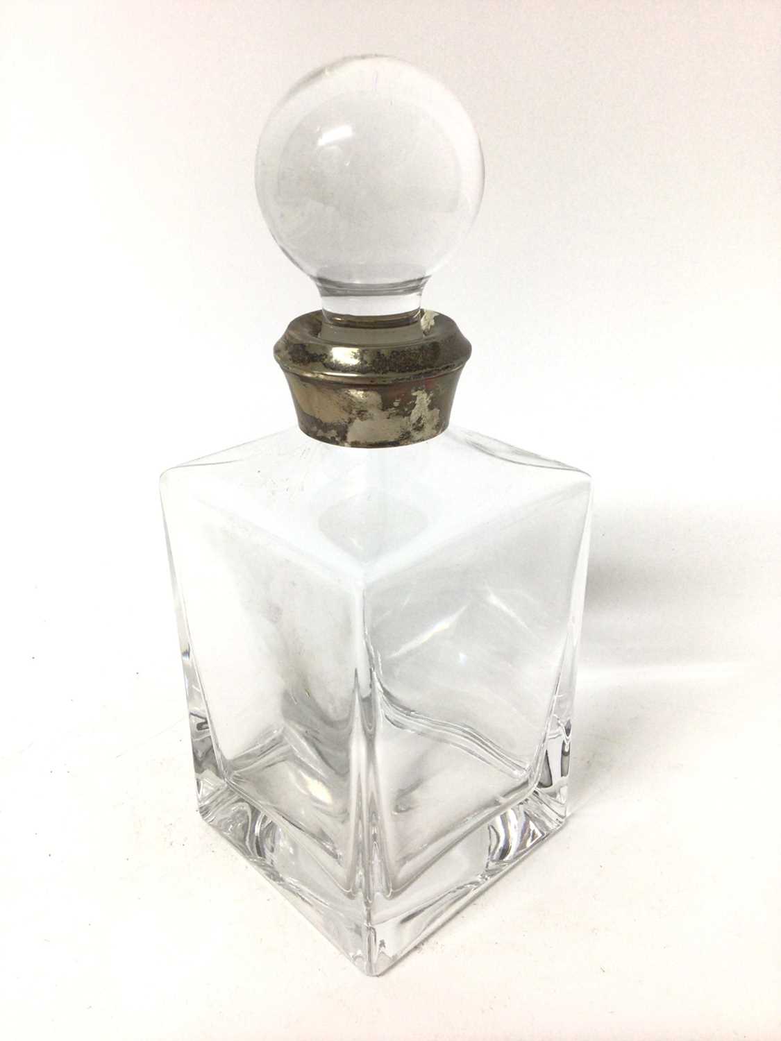 Lot 406 - Stylish modern glass decanter, of square form with spherical stopper and sterling silver collar, 21.5cm high