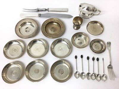 Lot 407 - Quantity of silver, including mustard, Tiffany fork, continental egg cup, six coffee bean spoons and another spoon, eight sterling dishes and three continental coin dishes, and a pair of Georg Jens...