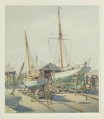 Lot 1256 - Maurice Clarke, mid 20th century, watercolour - Yachts on the Slips, signed, titled verso, 37cm x 32cm, in glazed gilt frame  
Exhibited: Royal Academy 1940