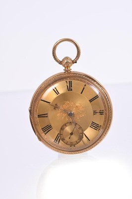 Lot 637 - Victorian gentlemen's 18ct gold pocket watch with key-wind fusee movement, unsigned, the floral engraved and engined turned dial in finely engraved 18ct gold case, London 1870, approximately 50mm d...