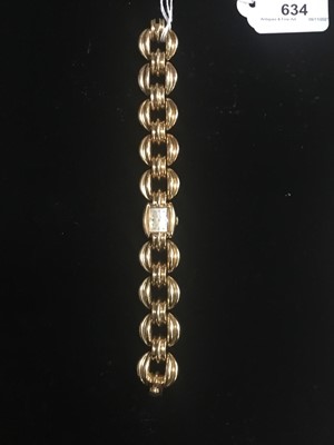 Lot 634 - Art Deco ladies Omega 18ct gold bracelet watch with Omega 15 jewel movement numbered 10483201, the rectangular dial with gold dot and dart hour markers, in gold case on gold bracelet, approximately...
