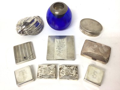 Lot 408 - Six silver boxes, a compact and a match case, together with a white metal mounted shell and a silver mounted glass match striker, approx 12 troy oz. weighable silver