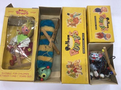 Lot 1803 - Box of children's toys including Pelham puppets boxed, picture lots, various card games, child's tea set etc (qty)