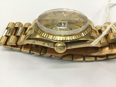 Lot 636 - Gentlemen's Rolex 18ct gold Oyster Perpetual Day Date wristwatch with circular gold dial, applied baton hour markers in Oyster case on 18ct yellow gold Jubilee bracelet with deployment clasp. Seria...