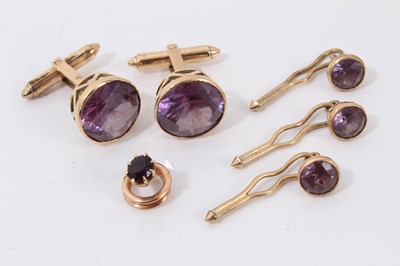 Lot 617 - Pair of faux alexandrite cufflinks and four similar dress studs in gold setting, stamped 14k.