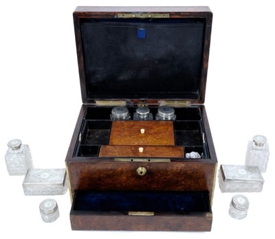 Lot 932 - Fine quality mid-19th century burr walnut and brass toiletry box with silver fittings