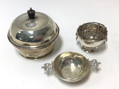 Lot 386 - 1920s silver muffin dish of circular form with removable interior tray and domed cover (Birmingham 1929) Mappin & Webb, together with Victorian silver twin handled dish with inset coin and twi