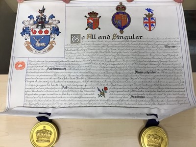 Lot 107 - H.M. King George V Grant of Arms illuminated scroll appointing Sir John Scott Hindley to a Baronet dated 1927, with twin seals in gilt metal cases and original red box with gilt crowned GRV ciphers