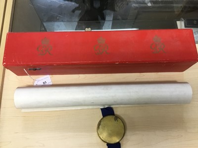 Lot 93 - H.M King George VI, Grant of Arms illuminated scroll appointing new arms to John Scott Hindley, Viscount Hyndley of Meads dated 1948 with Garter King of Arms seal in red box with crowned GR VI ciph...