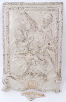 Lot 284 - Large 19th century continental faience plaque, decorated in relief with a scene of the child Christ, 47cm x 31cm
