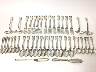 Lot 430 - Fine George III silver fiddle, shell and thread pattern twelve place table service comprising 12 dinner forks, 12 dessert spoons, 12 teaspoons all by William Ely & William Fern, London 1818. Togeth...